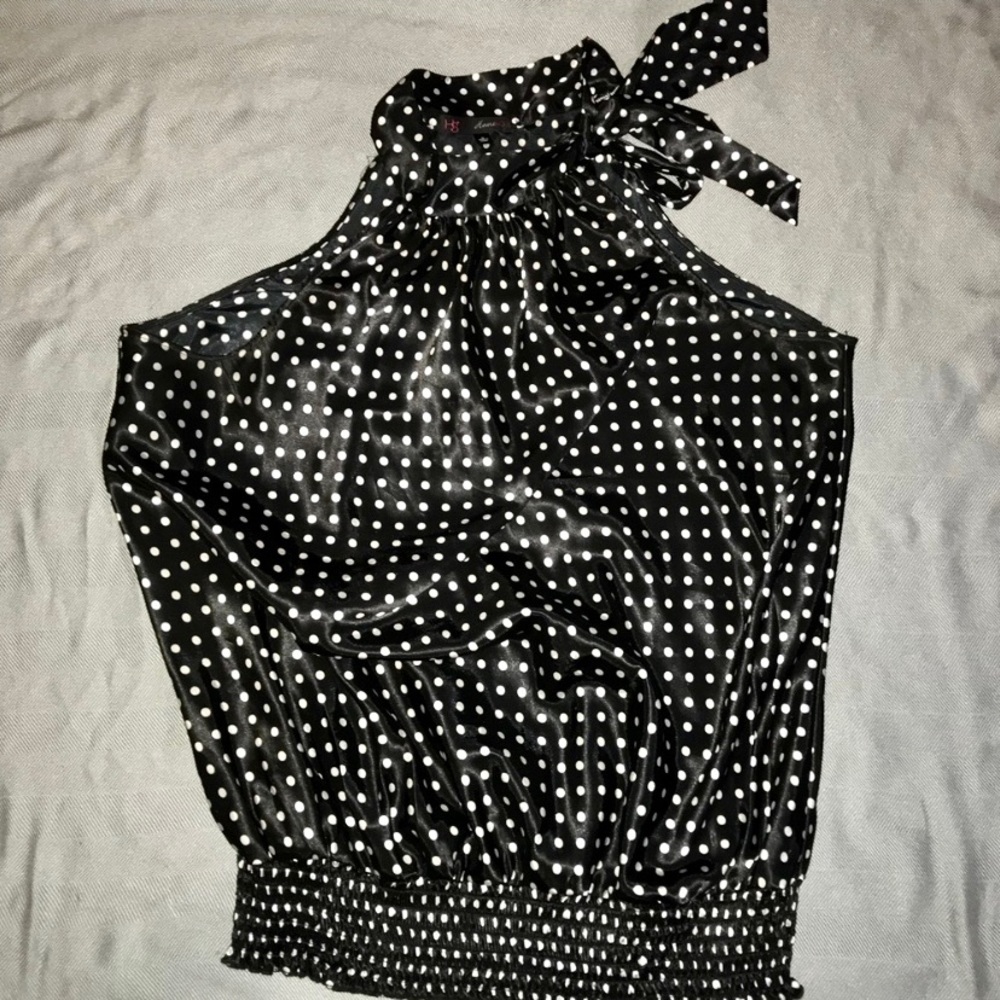 Black satin polka dot top